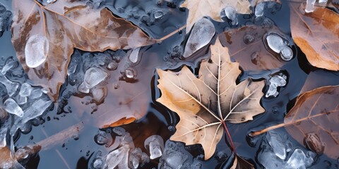 Beautiful light nature with bright leaves covered with frost ice melt in late winter or early summer water drops after ice melt.