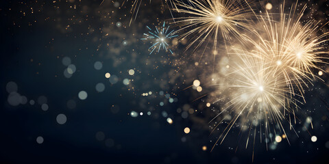 Fototapeta premium Happy New Year Celebration Sparkles Banner, space for text,Fireworks colorful explosions , festive background , New Years Eve or Independence Day 