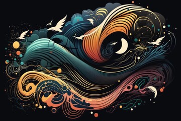 AI generated illustration of colorful waves and lines