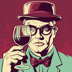 A man in a red hat and glasses looks at the glass of wine he holds in his hand. A man in a green suit with a red bowtie. Art