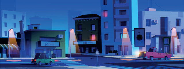 City street intersection at night - cartoon town landscape with multistorey buildings with shop and cafe, cars riding road with cross and sidewalks under light of lanterns. Downtown highway corner.