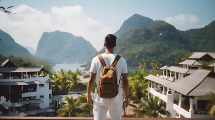 young man travels and stays at hotel with mountain island view.