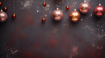 Gorgeous Christmas Ornaments Flat Lay with an Overhead View - Staged Against a Weathered Red Background with Vintage, Grunge Effect - Xmas Holiday Concept with Copy Space