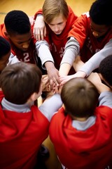 High school basketball team with teenage boys holding hands in a huddle