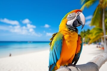 Colorful parrot sitting on tropical beach, blue sky