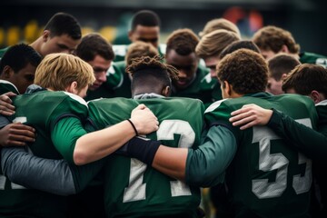 High school American football team with teenage boys holding hands in a huddle