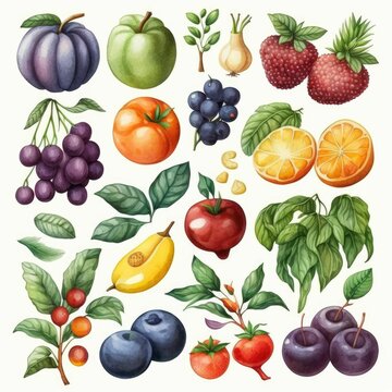 AI generated illustration of a variety of vegetables and fruits on a white background