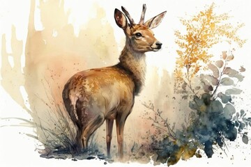 AI generated illustration of a deer against colorful watercolor isolated on white background