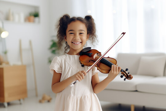 little girl having fun standing playing violin on blured white livingroom background