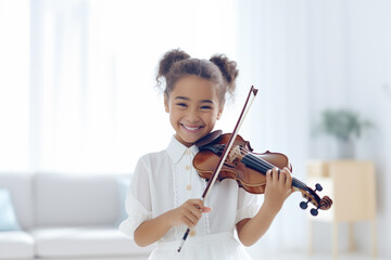 little girl having fun standing playing violin on blured white livingroom background - 675112724