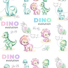 Seamless watercolor pattern baby dino with egg and mom for nursery design. Cartoon and cute dinosaurs for print, wallpaper, fabric