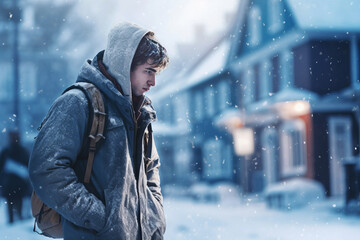 A sad man stands on a street in winter on a blue Monday. - obrazy, fototapety, plakaty