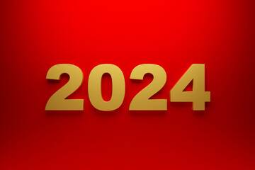 2024 new year card with 3d realistic year number on red background. 3D illustration. Volumetric figures 2024 at an angle, space for text for New Year's greetings, New Year's corporate banner