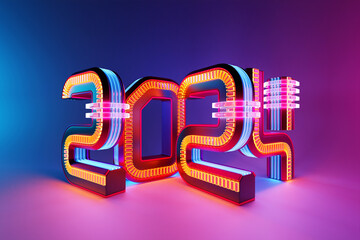 Welcome creative concept 2024. Happy New Year 2024 with neon light. Outstanding 3D text on colorful background, 3D illustration