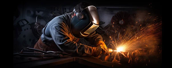 Foto op Plexiglas Metal welder working with arc welding machine to weld steel at factory. generative ai © Michal
