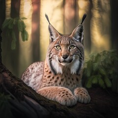 Obraz premium AI generated illustration of a bobcat in the woods staring out from behind a log