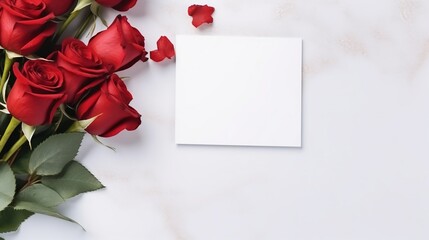 Blank greeting card mockup, greeting card style wedding invitations style, greeting card with in red rose on white table background