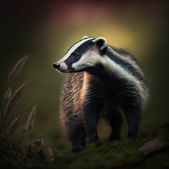 AI generated illustration of a badger on a meadow with fern leaves and flowers around him