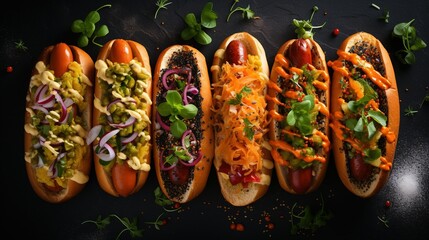 Carrot vegan hot dogs on dark slate background with assorted toppings Plant based meal concept