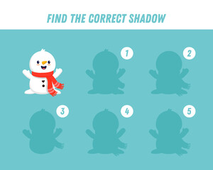 Find correct shadow of cute snowman. Educational logical game for kids. Christmas game. Cartoon funny snowman. 