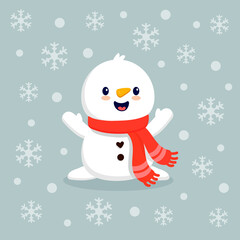 Cute cartoon snowman with a scarf and snowflakes, isolated . Flat design. Christmas llustration. 