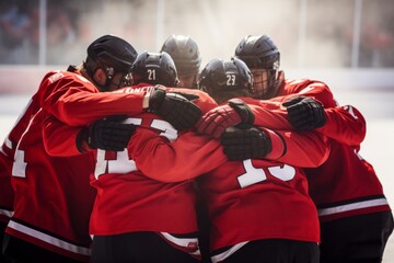 High school hockey team with teenage boys holding hands in a huddle
