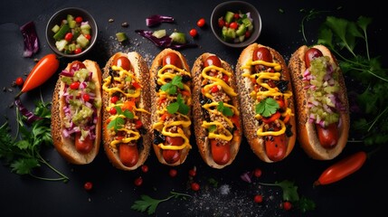 Carrot vegan hot dogs on dark slate background with assorted toppings Plant based meal concept