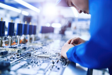 A man in a factory assembles and tests an electronic board. Modern production of electronic components.