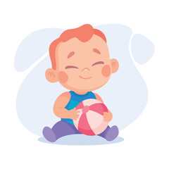 Baby Little Boy with Cute Face Sit with Ball Playing Vector Illustration
