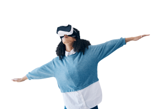 Woman, virtual reality glasses and internet with digital experience, tech and futuristic gaming isolated on a transparent background. Person, model and girl with VR headset, png and flying game