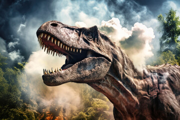 A huge dinosaur Tyrannosaurus T-rex against the backdrop of the primeval jungle. Prehistoric owner...