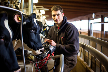 A farmer takes care of his cows. Private farming. Milk production and livestock farming. Breeding cattle. Everyday chores on a home farm.