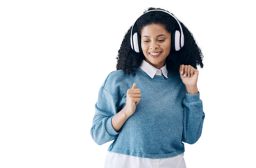 Happy woman, headphones and listening to music in audio streaming isolated on a transparent PNG background. Female person or model smile enjoying sound track, podcast or dancing to song with headset