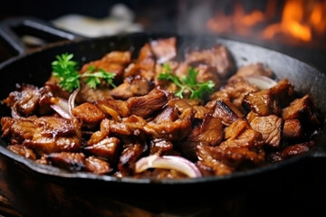 Photo of a delicious and colorful pan of savory meat and vegetables on a rustic table. Cast iron frying pan with aromatic fried meat. Country homemade food. Meat delicacy.