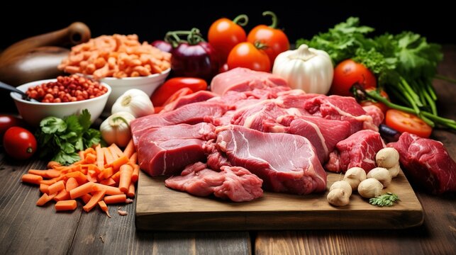 Chopped raw meat and fresh vegetables for a healthy pet diet on rustic wood floor With copyspace for text