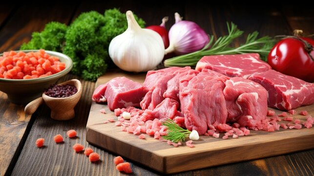 Chopped raw meat and fresh vegetables for a healthy pet diet on rustic wood floor With copyspace for text