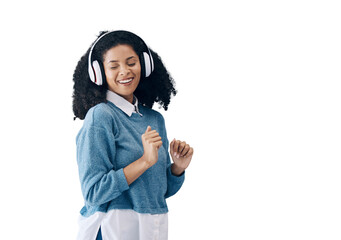 Happy woman, headphones and dancing to music in audio streaming isolated on a transparent PNG background. Female person or model smile enjoying sound track, podcast or listening to song with headset