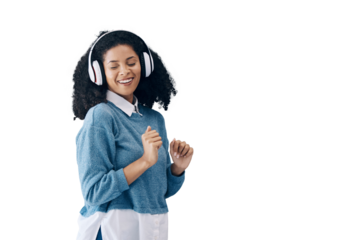 Happy woman, headphones and dancing to music in audio streaming isolated on a transparent PNG background. Female person or model smile enjoying sound track, podcast or listening to song with headset
