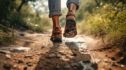 Close up of a person's feet walking on a path - obrazy, fototapety, plakaty