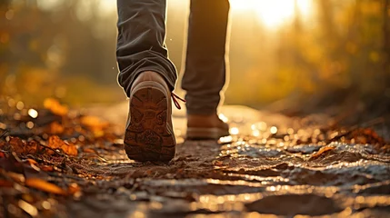 Foto op Plexiglas Close up of a person's feet walking on a path © LaxmiOwl