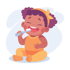 Baby Little Girl with Cute Face Brushing Teeth Vector Illustration