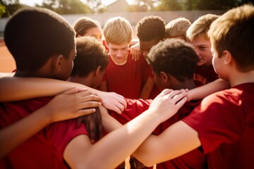 High school volleyball team with teenage boys holding hands in a huddle