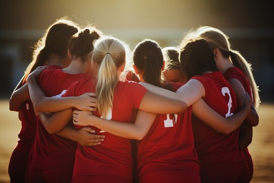 High school volleyball team with teenage boys holding hands in a huddle