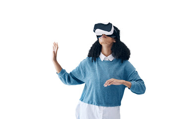 Woman, virtual reality glasses and metaverse with internet, futuristic gaming or tech isolated on...
