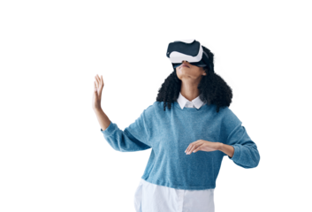 Woman, virtual reality glasses and metaverse with internet, futuristic gaming or tech isolated on transparent background. Person, model or girl with VR headset, digital experience or png with connect