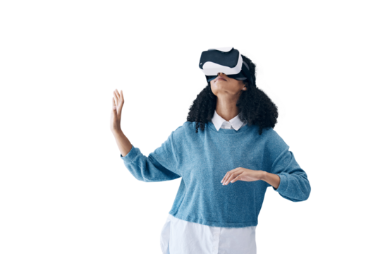 Woman, virtual reality glasses and metaverse with internet, futuristic gaming or tech isolated on transparent background. Person, model or girl with VR headset, digital experience or png with connect