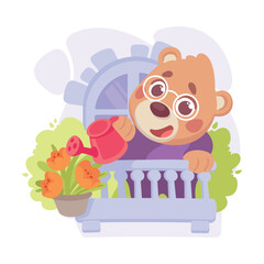 Cute Bear Character Water Flowers on Balcony Vector Illustration