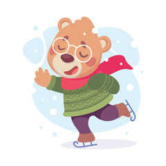Cute Bear Character in Scarf and Sweater Ice Skating Vector Illustration