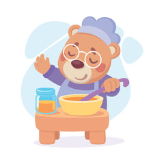 Cute Bear Character in Toque Cooking Meal Vector Illustration