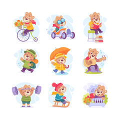 Cute Bear Character Engaged in Different Activity Vector Illustration Set